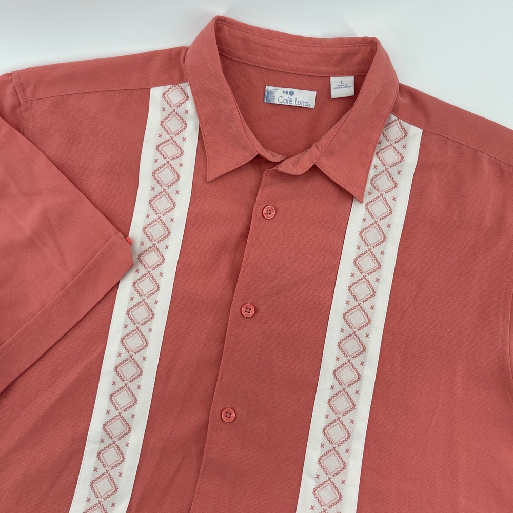 Cafe Luna Men's Short‎ Sleeve Button Up Shirt Salmon Coral Diamond Pattern L